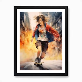 Girl Skateboarding In Tokyo, Japan Watercolour 2 Art Print