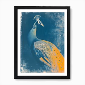 Navy Blue & Orange Cyanotype Inspired Peacock Portrait Art Print