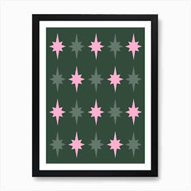 Pink and Green Stars Festive Christmas Art Print