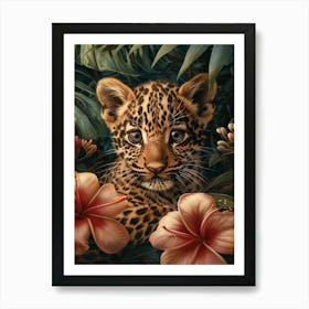 A Happy Front faced Leopard Cub In Tropical Flowers 11 Art Print