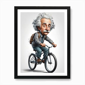 vector illustration of Albert Einstein ride bicycle, Abstract Cartoon Art, full body, extreme textures and details, 64K, white background, character poses Art Print