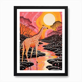 Giraffe In The River At Sunrise 4 Art Print