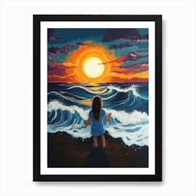 Young Girl Painting A Of A Sun Over The Ocean With Waves Art Print