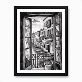 A Window View Of Venice In The Style Of Black And White  Line Art 3 Art Print