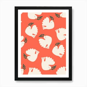 Flying Doves of Peace on Holly Red Art Print