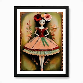 Ballerina Marionette Flowers Vintage Antique - Inspired By Tim Burton Art Print