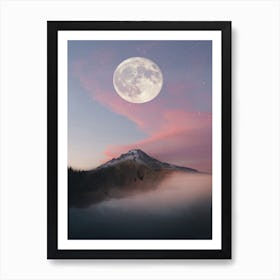 Pink Sky Moon Mountain Sea Art Print