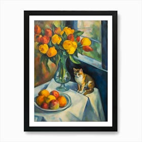 Flower Vase Freesia With A Cat 2 Impressionism, Cezanne Style Art Print