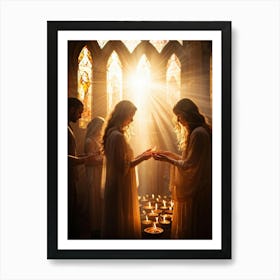 Candlelight Vigil During Spiritual Celebration Rays Of Soft Golden Light Breaking Through Stained G Art Print