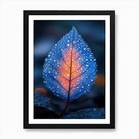 Blue Leaf With Water Droplets 3 Art Print