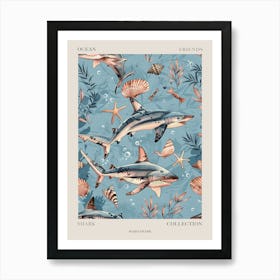 Pastel Blue Mako Shark Watercolour Seascape Pattern 1 Poster Art Print