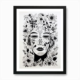 Floral Black & White Face Drawing 3 Art Print