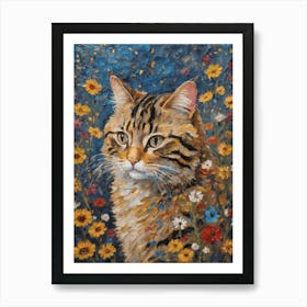 Klimt Style Wild Tabby Cat in Garden Flowers Painting - Gustav Klimt Money Waterlillies Acrylic Feature Gallery Wall HD Art Print