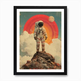 Space Odyssey: Retro Poster featuring Asteroids, Rockets, and Astronauts: Astronaut Standing On Top Of A Mountain Art Print