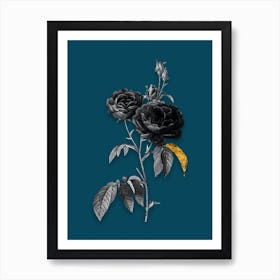 Vintage Purple Roses Black and White Gold Leaf Floral Art on Teal Blue n.1230 Art Print