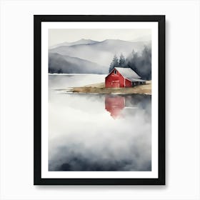 Red Barn By The Lake Art Print