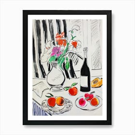 Wine and Flowers on the Table. Matisse Style Sketch Kitchen Art Print