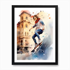 Girl Skateboarding In Warsaw, Poland Watercolour 1 Art Print