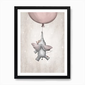 Flying Elephant With Pink Balloon Art Print