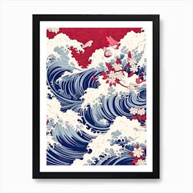 Great Wave With Lily Flower Drawing In The Style Of Ukiyo E 4 Art Print