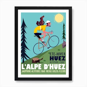 Alpe Dhuez Cyclist With Marmotte Poster Blue & Green Art Print