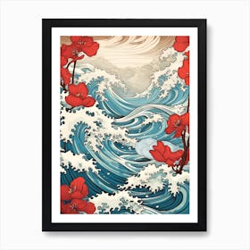 Great Wave With Lily Flower Drawing In The Style Of Ukiyo E 2 Art Print