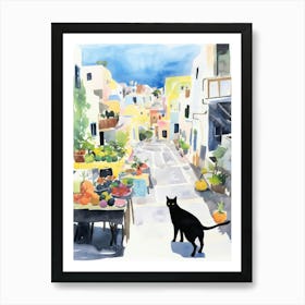 Food Market With Cats In Santorini 3 Watercolour Affiche