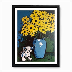 Daisies With A Puppy Pop Art  Art Print