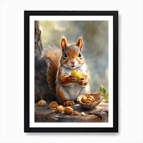 A Baby Squirrel Holding A Walnut Art Print