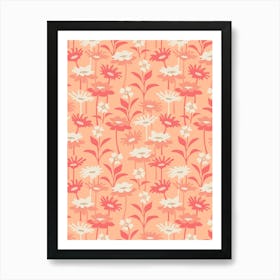 GARDEN MEADOW Floral Botanical Flowers Wildflowers in Red White on Orange Peach Fuzz Art Print