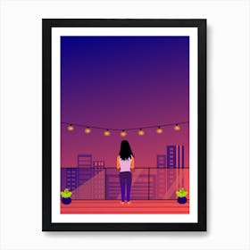 Woman Relaxing On Balcony At Night Art Print