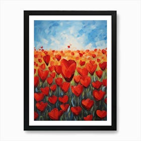 Red Heart Tulip Flowers Field Valentine Oil Painting Art Print