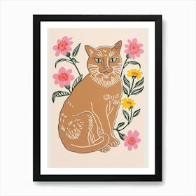 Cute Burmese Cat With Flowers Illustration 4 Art Print