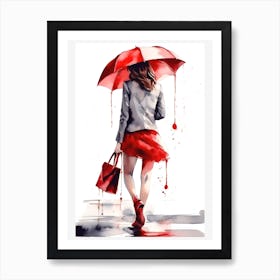 Girl in the rain with a red umbrella watercolor Art Print