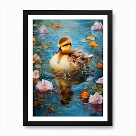 Duckling Swimming In The Pond With Petals 4 Art Print