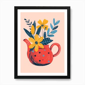 Red Teapot With Flowers Art Print