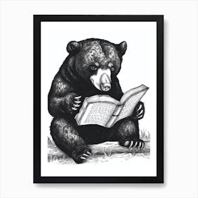 Malayan Sun Bear Reading Ink Illustration 2 Art Print