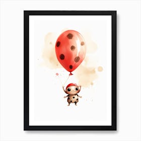 Baby Ladybug Flying With Ballons, Watercolour Nursery Art 1 Art Print