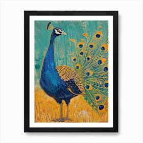 Blue Mustard Peacock In The Grass Linocut Inspired 3 Art Print