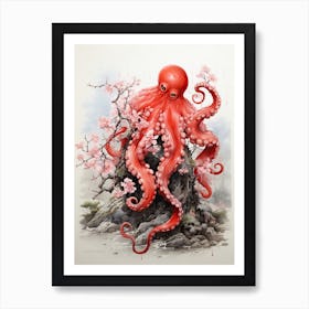 Octopus, Japanese Brush Painting, Ukiyo E, Minimal 1 Art Print