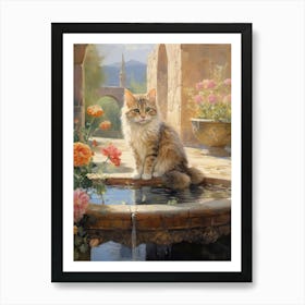 Medieval Cat Romantesque Style Sat On The Fountain Of A Monestary Art Print