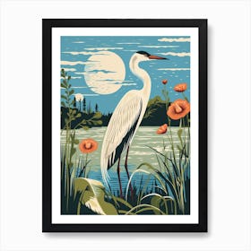 Vintage Bird Linocut Egret 2 Art Print