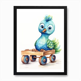 Baby Peacock On A Toy Car, Watercolour Nursery 2 Art Print