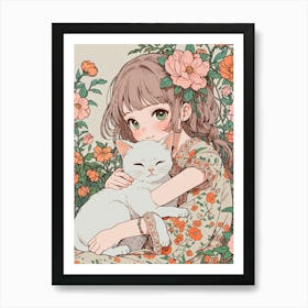 Cute Girl With Cat 2 Art Print