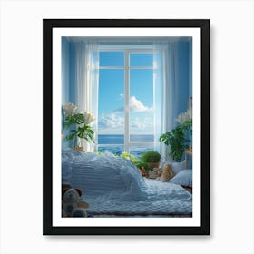 Bedroom With Bed, Table And Lazy Sofa, Ins Style, White Curtains, White Quilt, Light Blue Walls, White Tulip Lamps, Sea Outside The Window, Potted Plants, Stuffed Animals, Panoramic Shot, Sunny, Photorealistic, Realistic, High Leve 1 Art Print