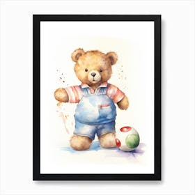 Bowling Teddy Bear Painting Watercolour 3 Art Print