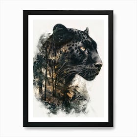 Double Exposure Realistic Black Panther With Jungle 4 Art Print