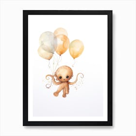 Baby Octopus Flying With Ballons, Watercolour Nursery Art 4 Art Print