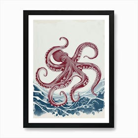 Red & Navy Blue Octopus In The Ocean Linocut Inspired 4 Art Print