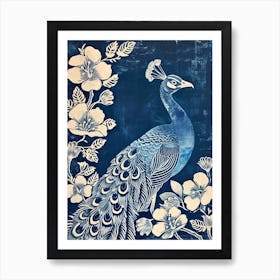 Navy Blue & Cream Peacock With Tropical Flowers 1 Art Print